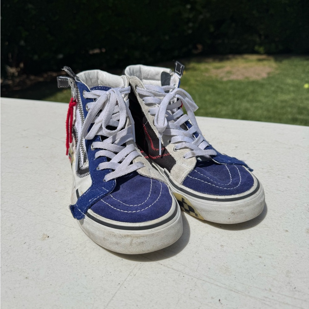 Vans Blue and White High-Top Sneakers with Signature Stripe